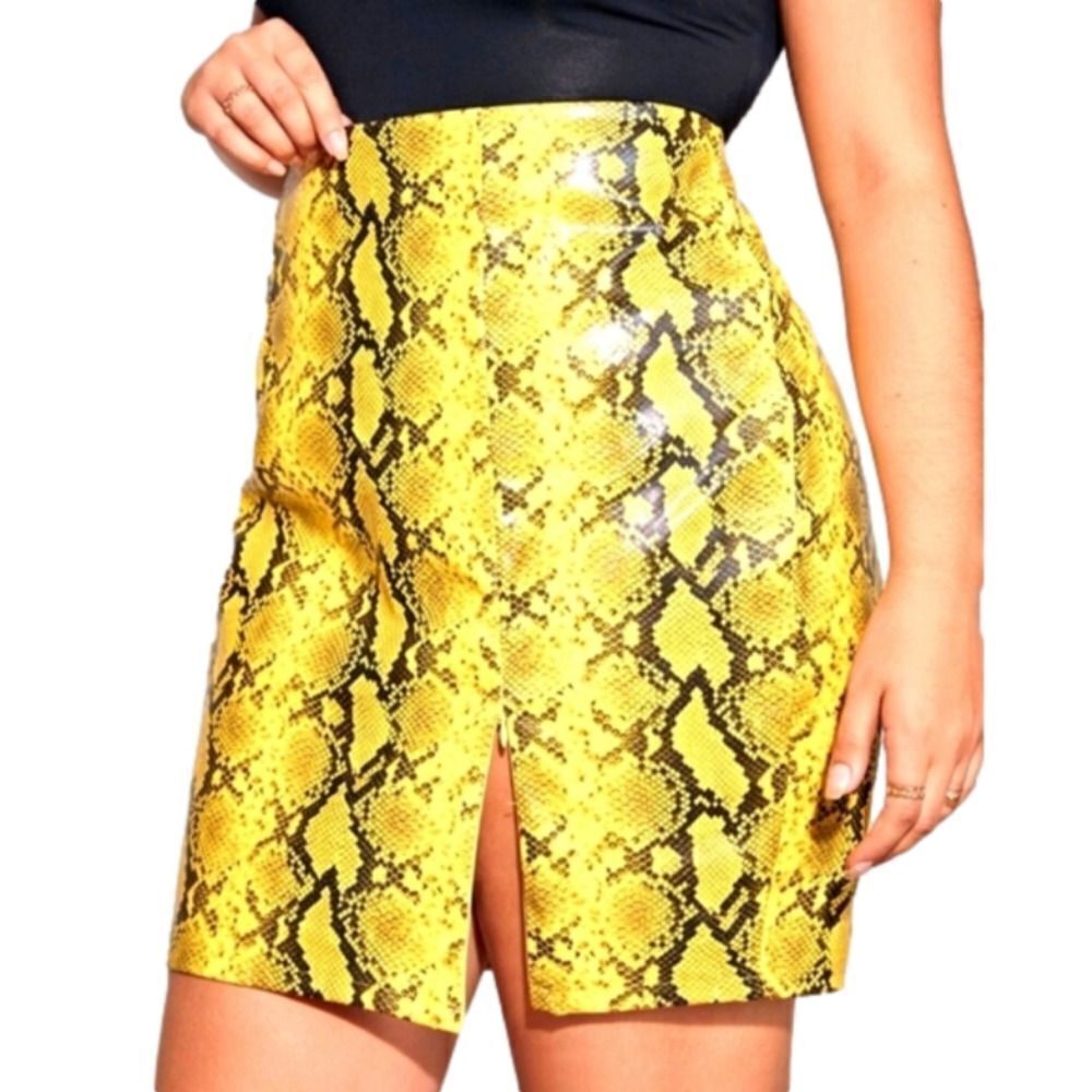 Women's Plus Size Yellow Snake Print Thigh Split Faux Leather  Skirt Size 1x